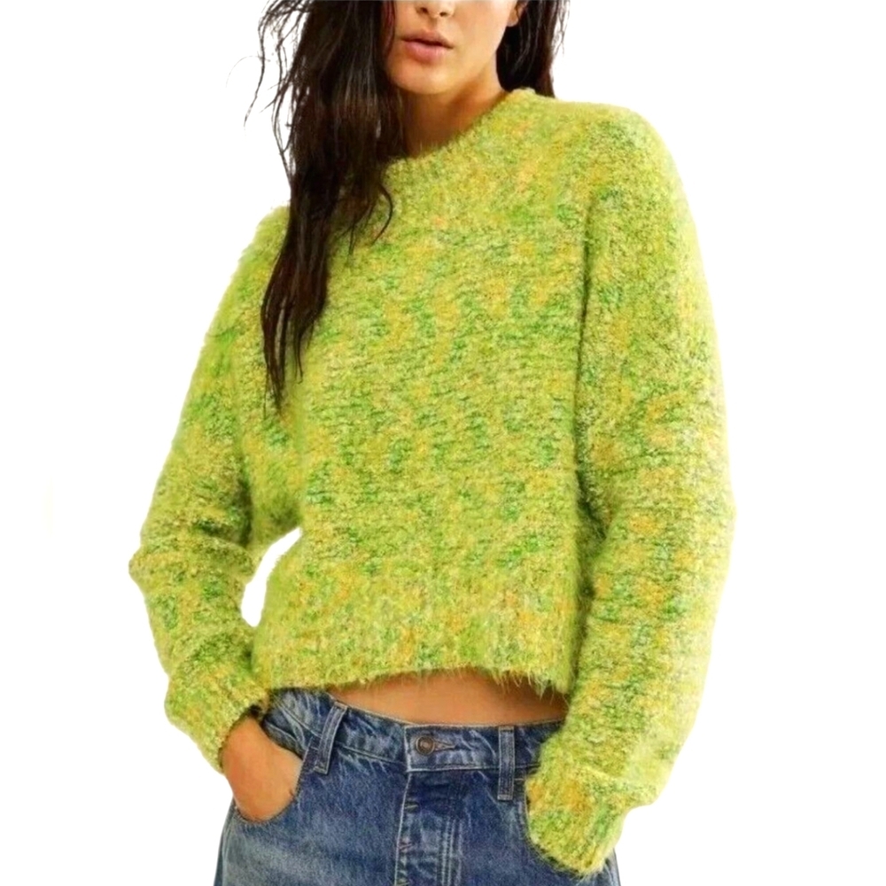 Free People Stardust Pullover Sweater Green Boho Fuzzy Crew Neck Size XS